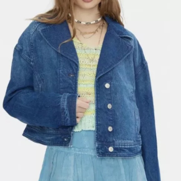 Free People Now or Never Trucker Denim Cropped Jacket Sz L In Gemini Wash NWT